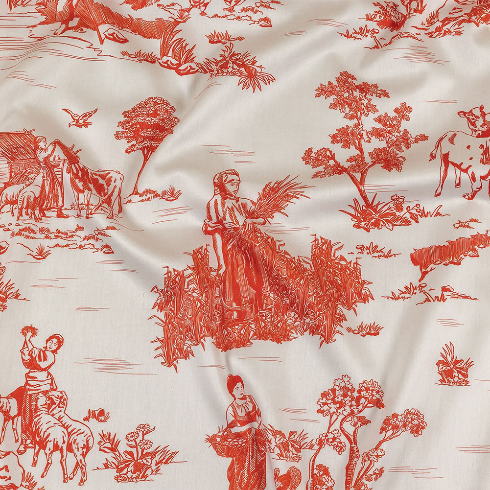 Cherry Tomato and White Classic Toile de Jouy Mercerized Organic Egyptian Cotton Shirting - Joann Fabrics