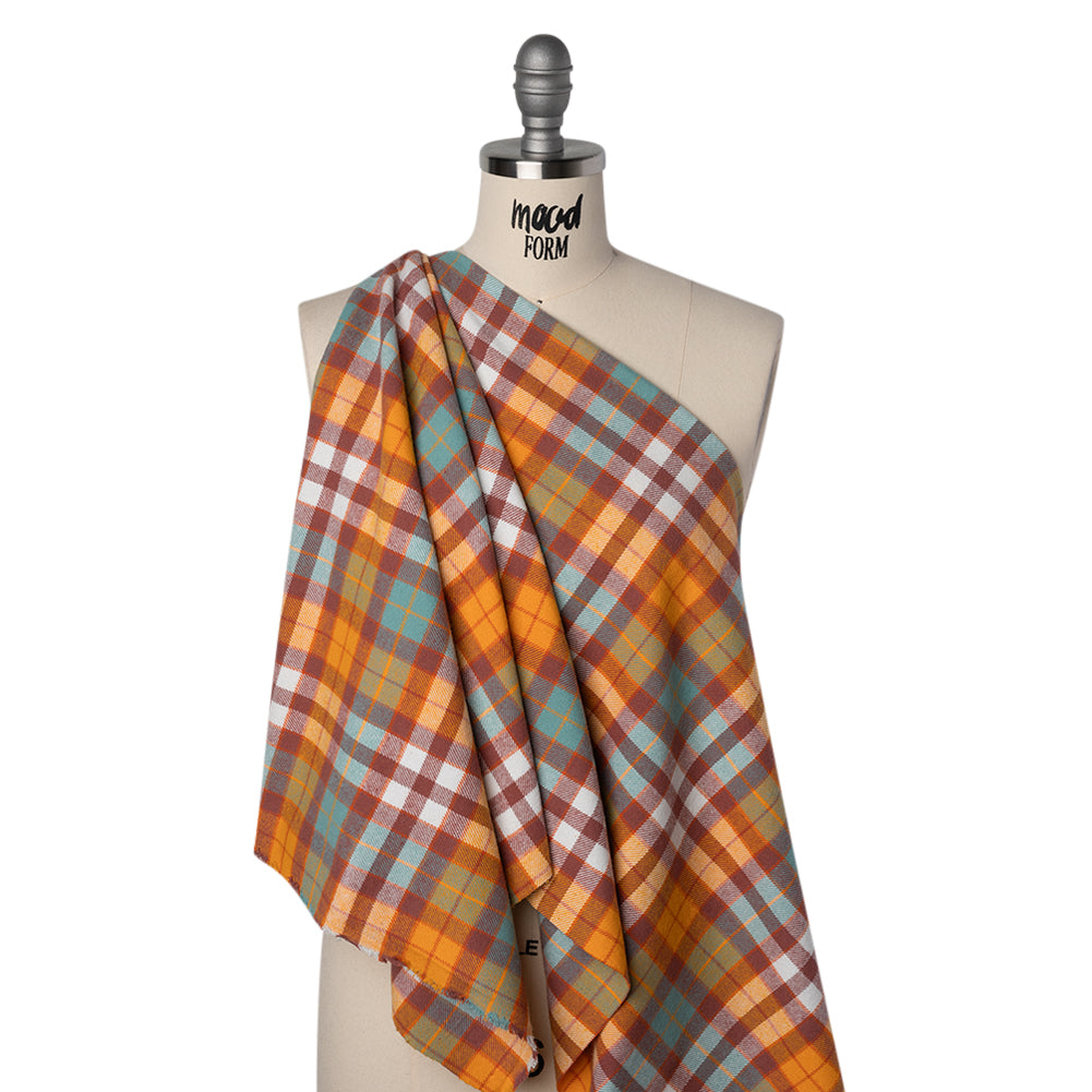 Yarn-Dyed Cotton Twill Flannel - Creamsicle Orange, Sky Blue and Dusty Red Plaid - Deadstock - Joann Fabrics