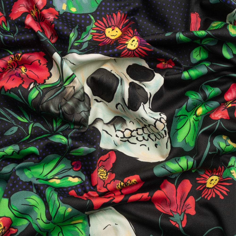 Stretch Cotton Sateen - Black, Red and Green Skulls and Flowers - Mood Exclusive Poor Yorick Print - Joann Fabrics