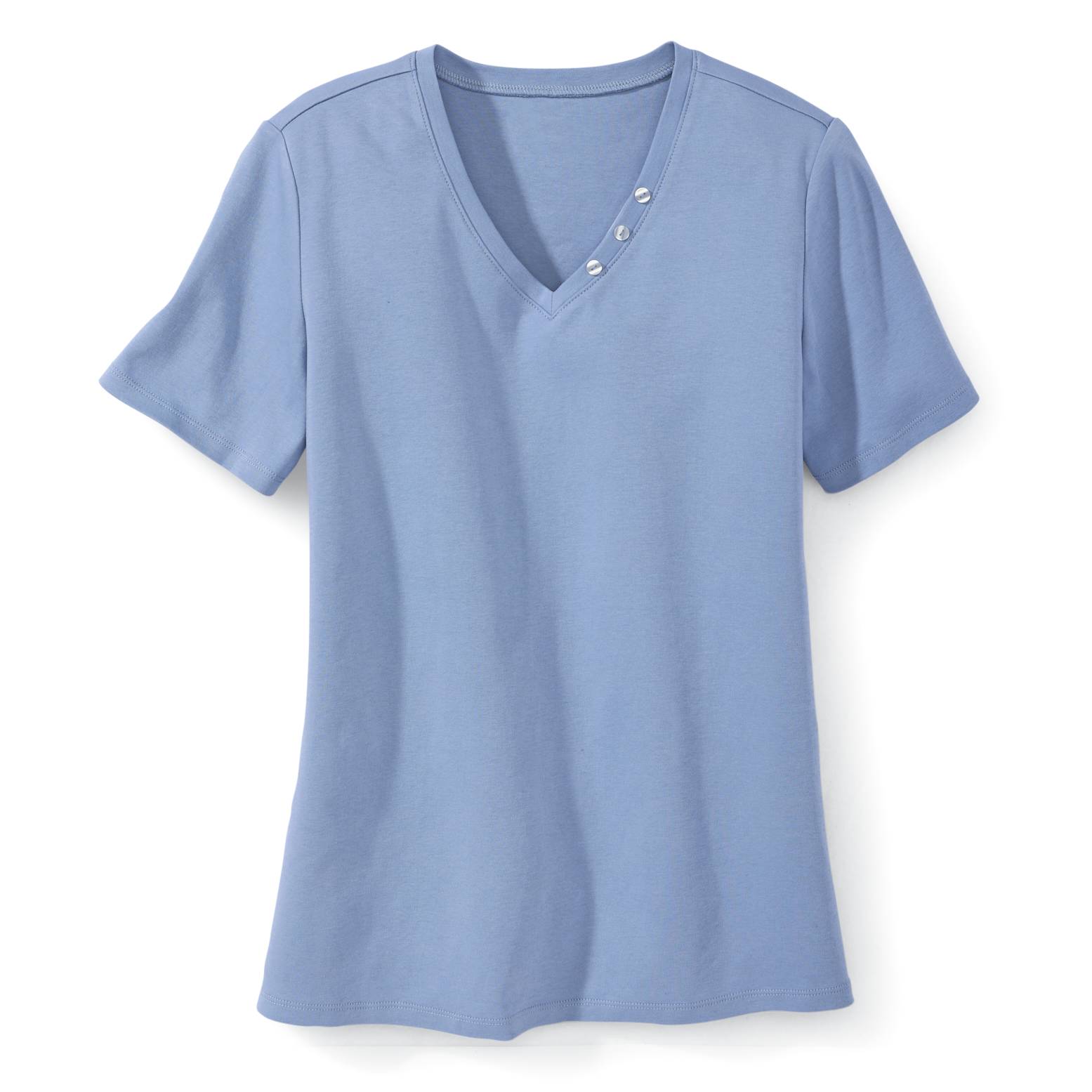 Supima Cotton Button-Accent V-Neck Top, Short Sleeves - Northstyle Catalog