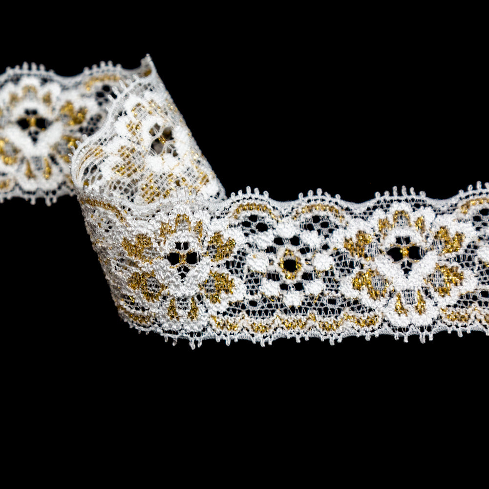 European White and Metallic Gold Stretch Lace Trim with Double Scalloped Edges - 1.25
