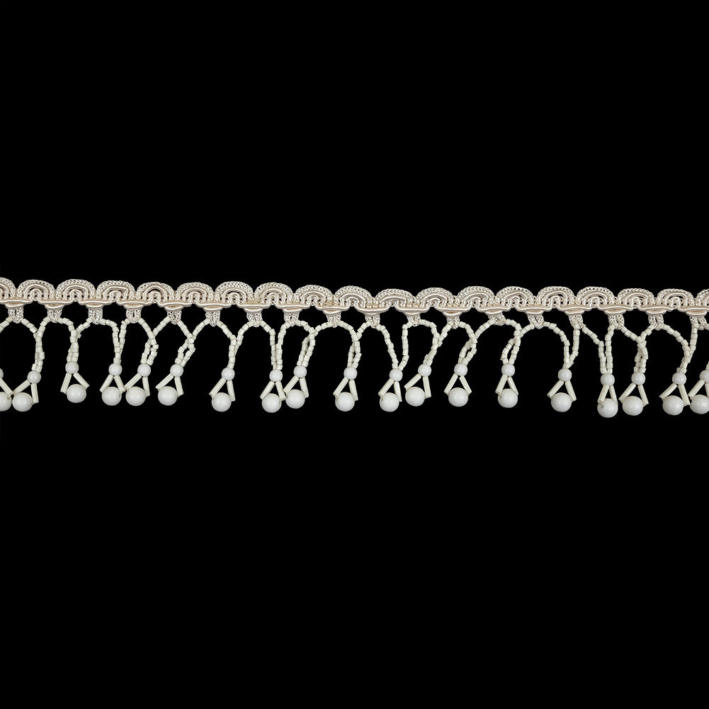 Vintage Chalk White Round and Seed Beaded Fringe on Ivory Braid - 1.5