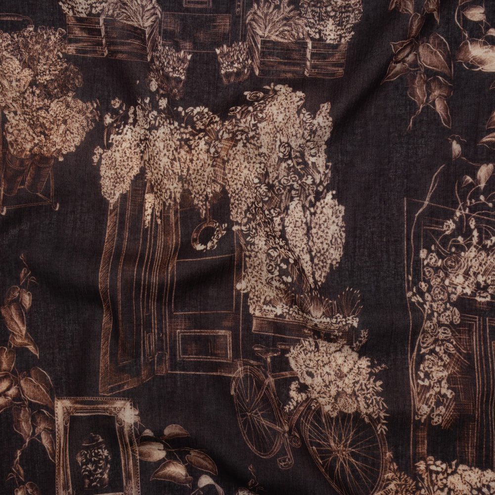 Crinkled Cotton Gauzy Woven - Dark Brown and Cream Flowers and Framed Photos - Mood Exclusive Coffee Date Print - Joann Fabrics