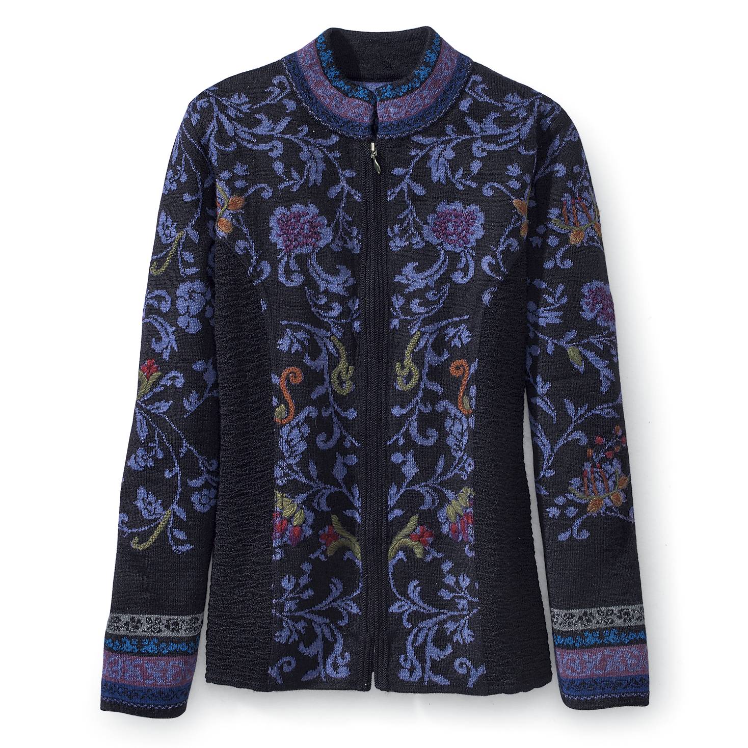 Peruvian Alpaca Zip Cardigan, Floral, Hand Embroidery, Zip Front - Northstyle Catalog
