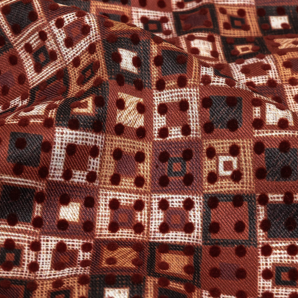 Burgundy Flocked Polka Dots on Russet Brown, Yellow and Black Bean Squares Stretch Cotton Twill - Joann Fabrics