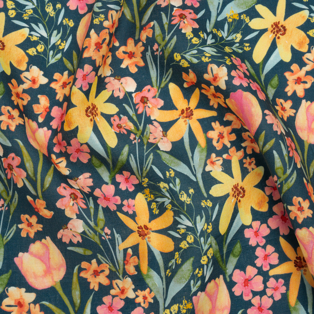 Medium Weight Linen Woven Print - Dark Teal, Orange and Pink Tulip Garden - Joann Fabrics