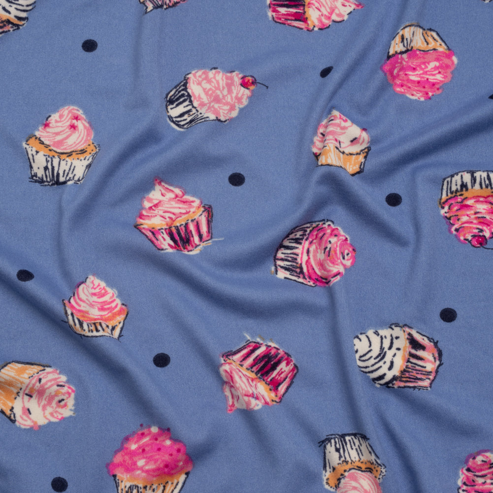 Stretch Polyester Jersey Print - Country Blue, Pink and Navy Cupcakes and Polka Dots - Deadstock - Joann Fabrics