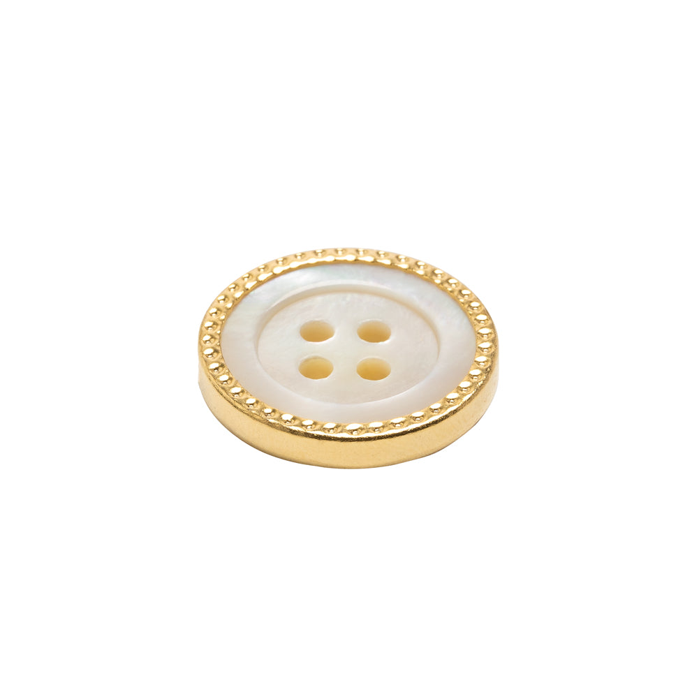 Mother of Pearl 4-Hole Button - 28L/18mm - Iridescent White with Gold Metal Hobnail Rim - Made in Italy - Joann Fabrics