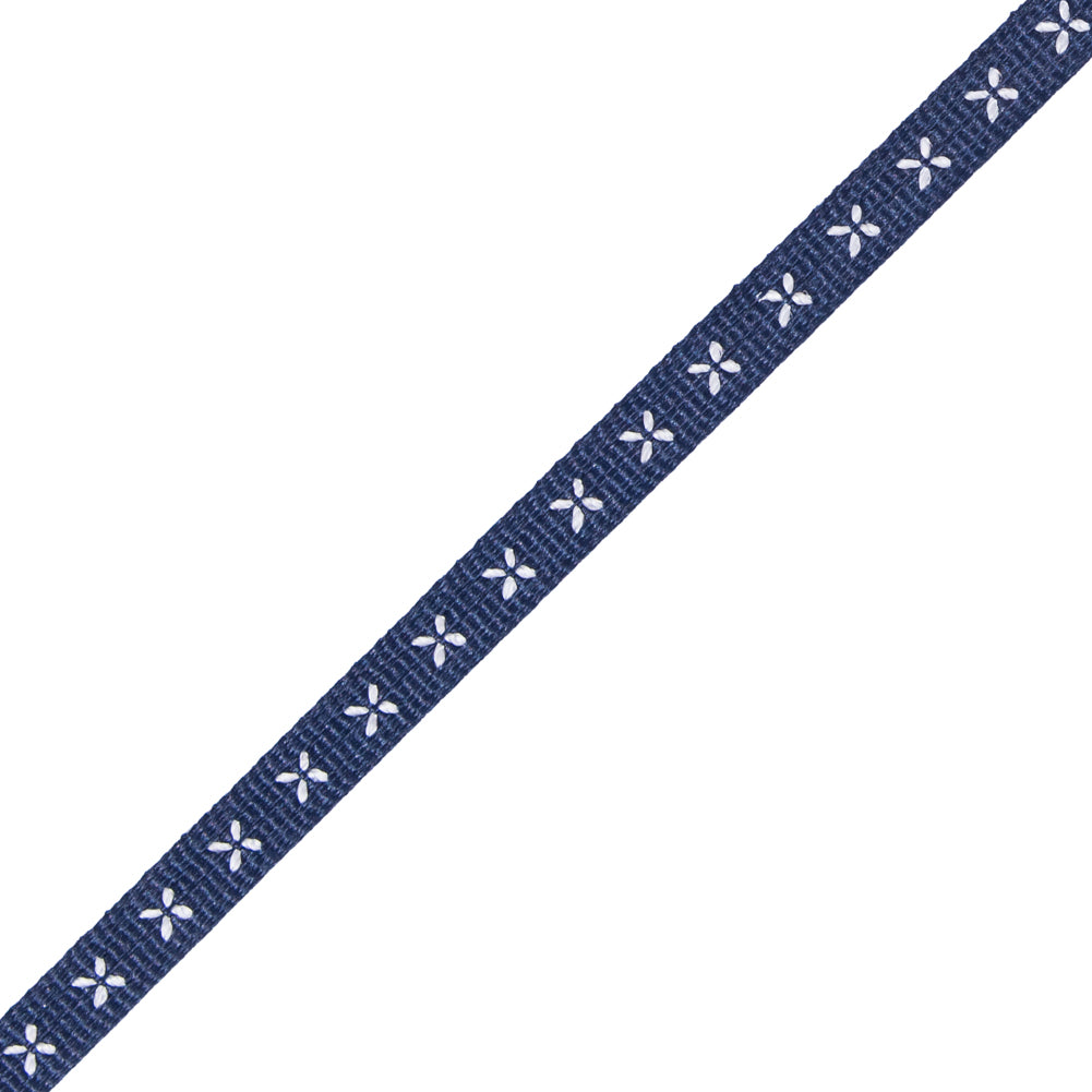 Navy and White Stitched Grosgrain Ribbon - 0.25