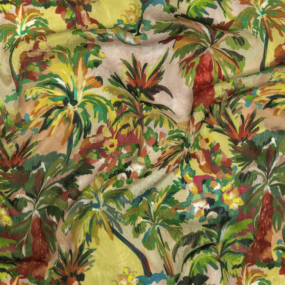 Crinkled Leafy Polyester Jacquard Print - Yellow, Red and Green Palm Trees - Mood Exclusive Beach Babe - Joann Fabrics