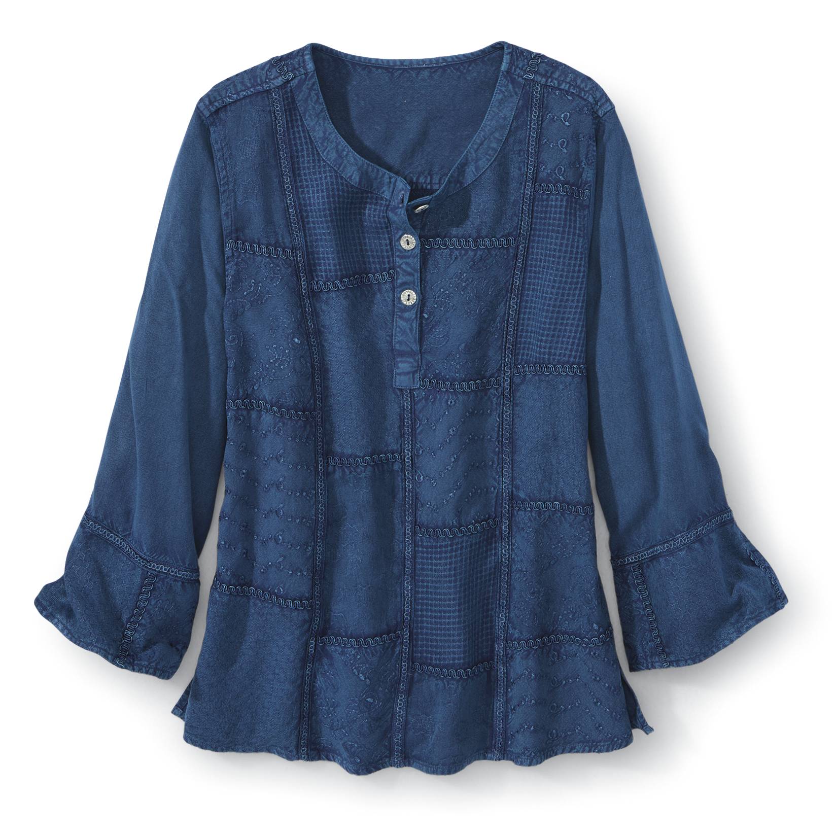Vintage-Wash Mixed-Pattern Popover, Button Placket, 3/4 Sleeves - Northstyle Catalog