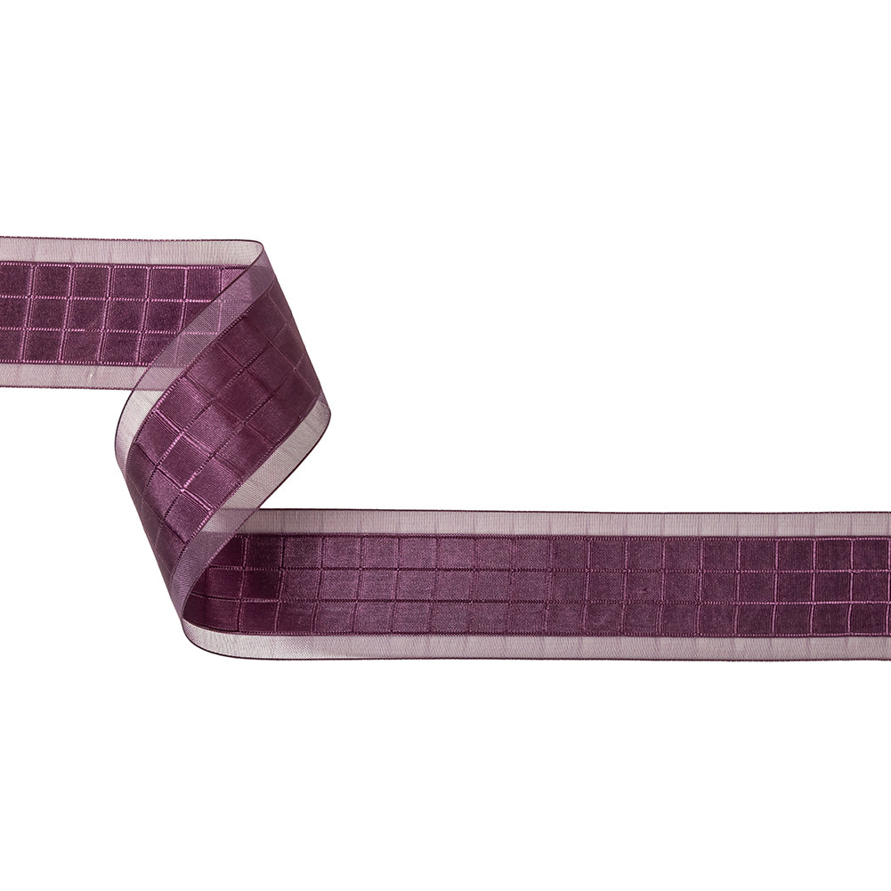Plum Windowpane Checks and Sheer Borders Woven Ribbon - 1.5