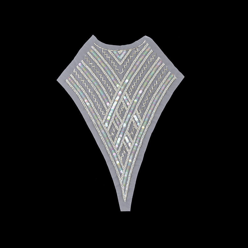 Vintage Translucent Multicolored Sequins and Silver-lined Zig-Zag Bugle Beaded Sheer Panel Applique - 13.5