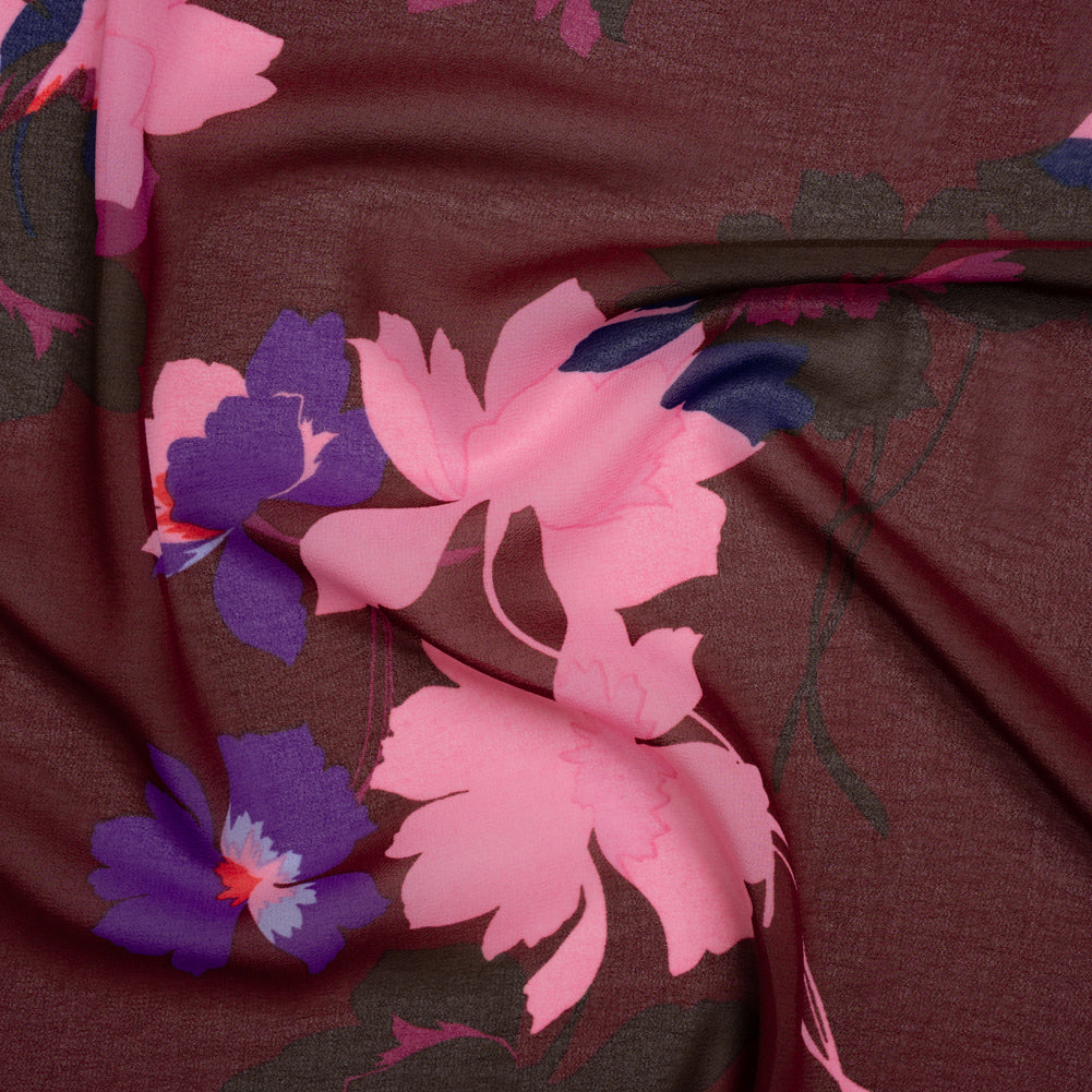 Polyester Chiffon Print - Wine Red, Pink and Purple Floral - Designer Deadstock - Joann Fabrics