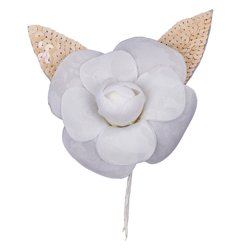 Vintage White Fabric Flower Pick with White Iris Sequined Leaves - 5