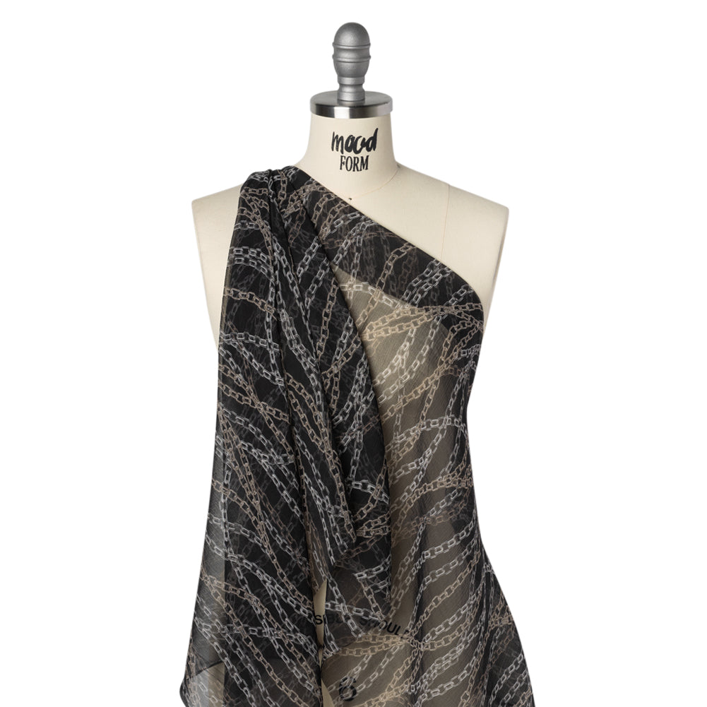 Crinkled Silk Chiffon Print - Black and Silver Chains - Deadstock - Joann Fabrics
