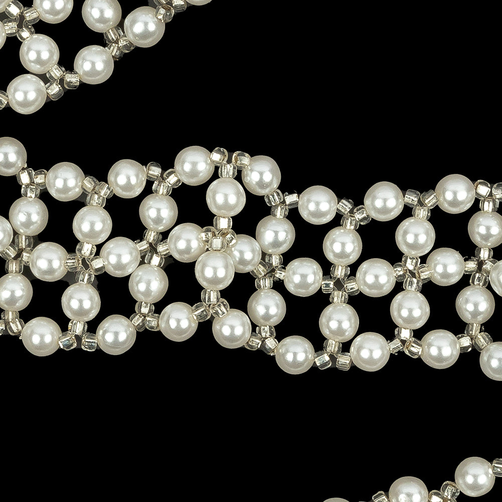 Vintage Silver and Faux Pearl Beaded Latticework Belt With Fringe - 33