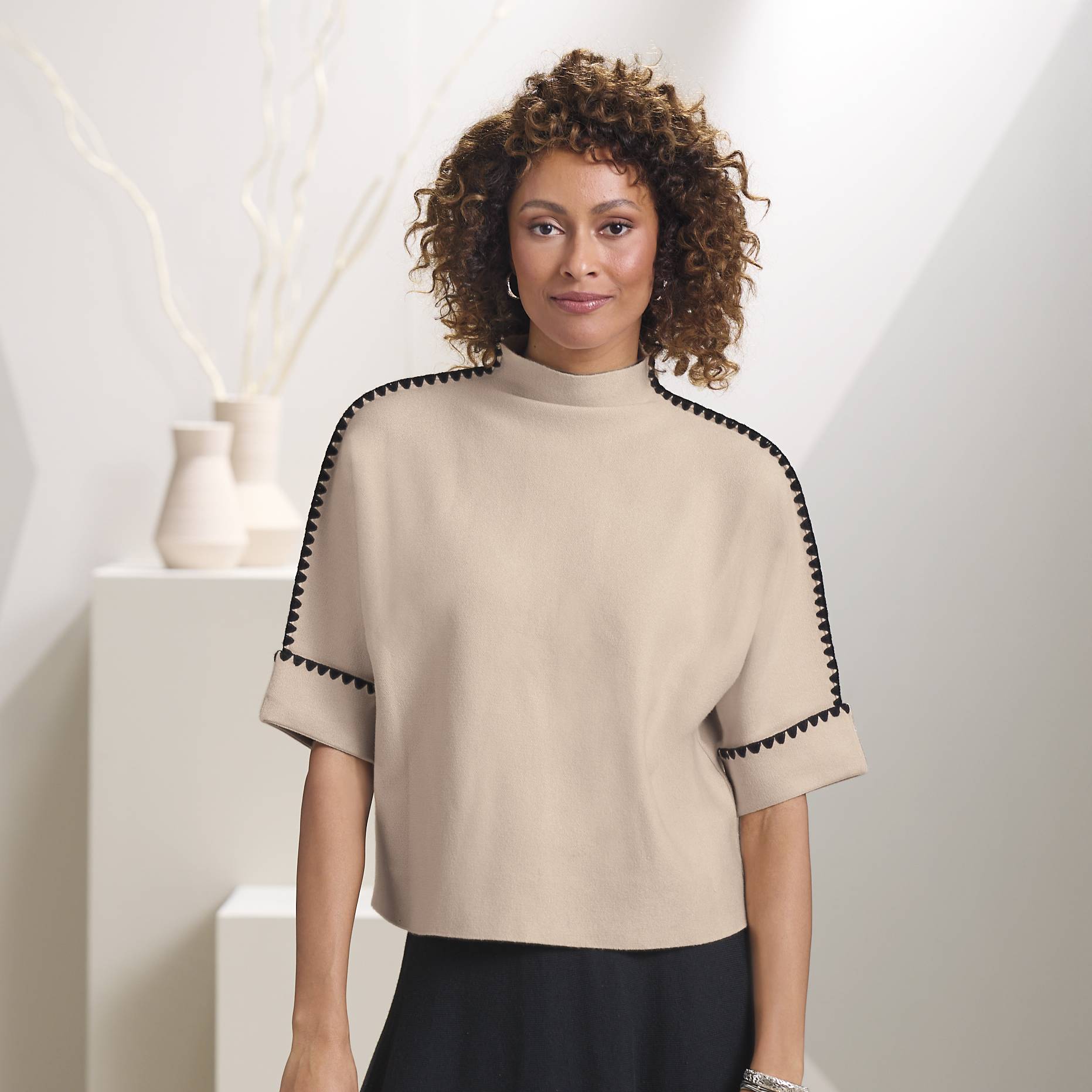 Embroidered-Trim Dolman Sweater, Mockneck - Northstyle Catalog