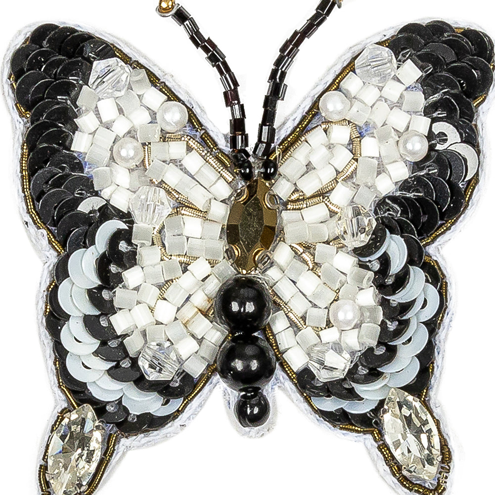 Black and White Butterfly Rhinestone and Glass Beaded Applique - 2.25