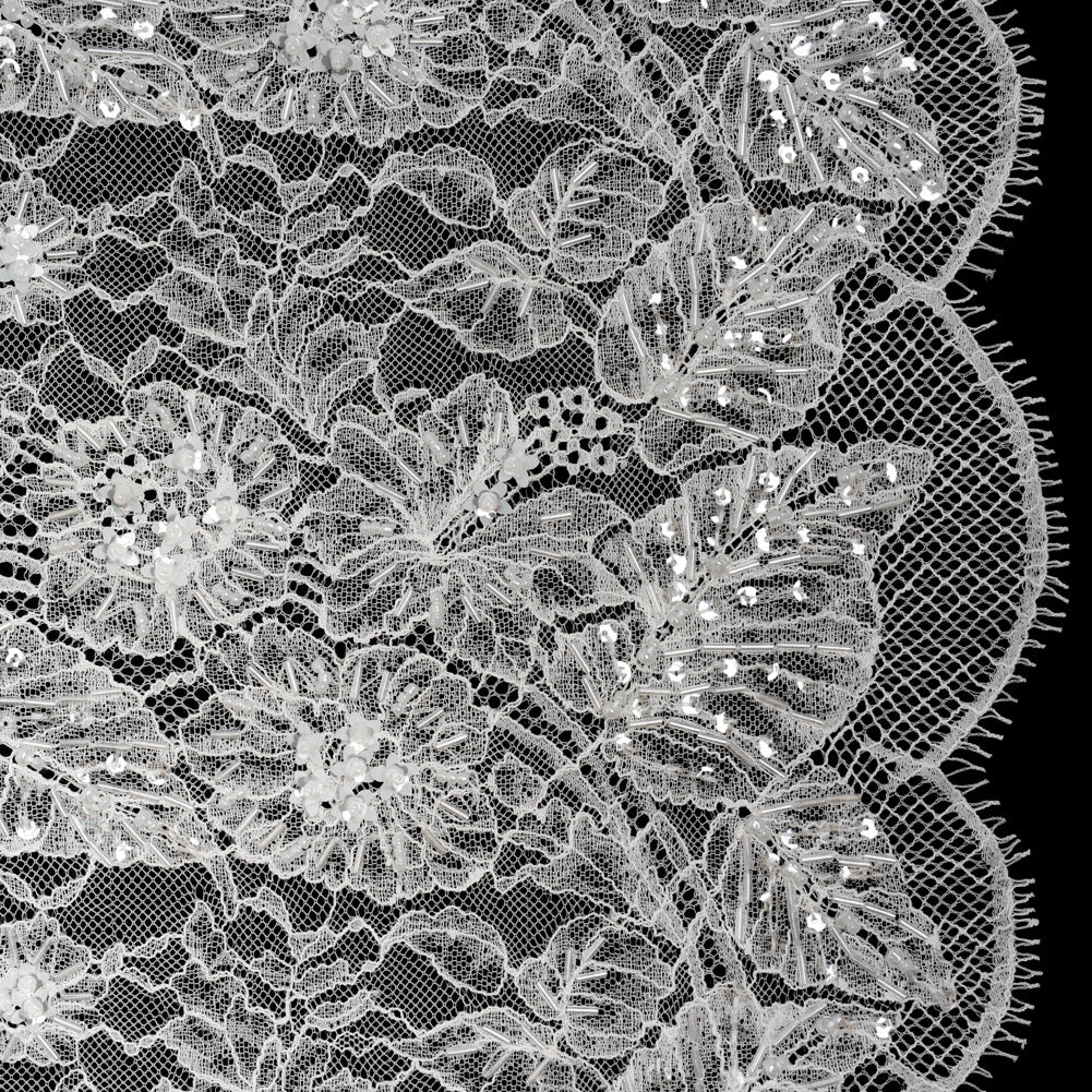 Beaded and Sequins Chantilly Lace with Finished Edges - White Flowers and Leaves - Joann Fabrics