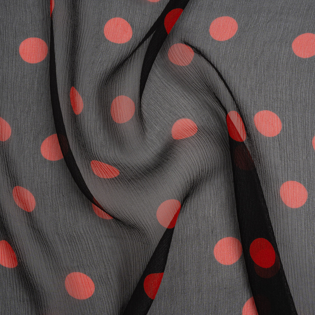 Crinkled Silk Chiffon Print - Black and Red Polka Dots - Deadstock - Joann Fabrics