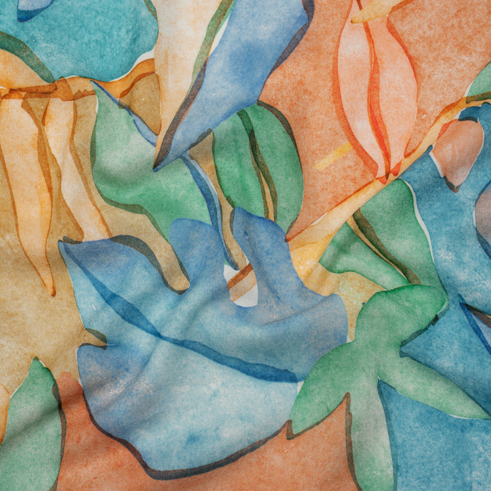 Cotton Crepe - Green, Blue and Orange Watercolor Leaves - Mood Exclusive Cascading Canopy Print - Joann Fabrics
