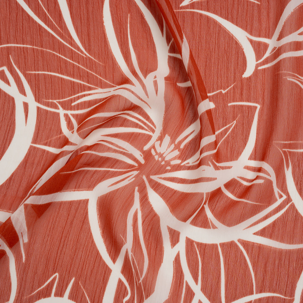 Crinkled Polyester Chiffon Print - Burnt Orange and White Floral Linework - Designer Deadstock - Joann Fabrics