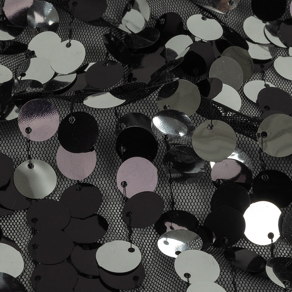 Milly Reflective Disco Ball and Gunpowder Two-Tone Circular Paillette Sequins on Black Mesh - Joann Fabrics