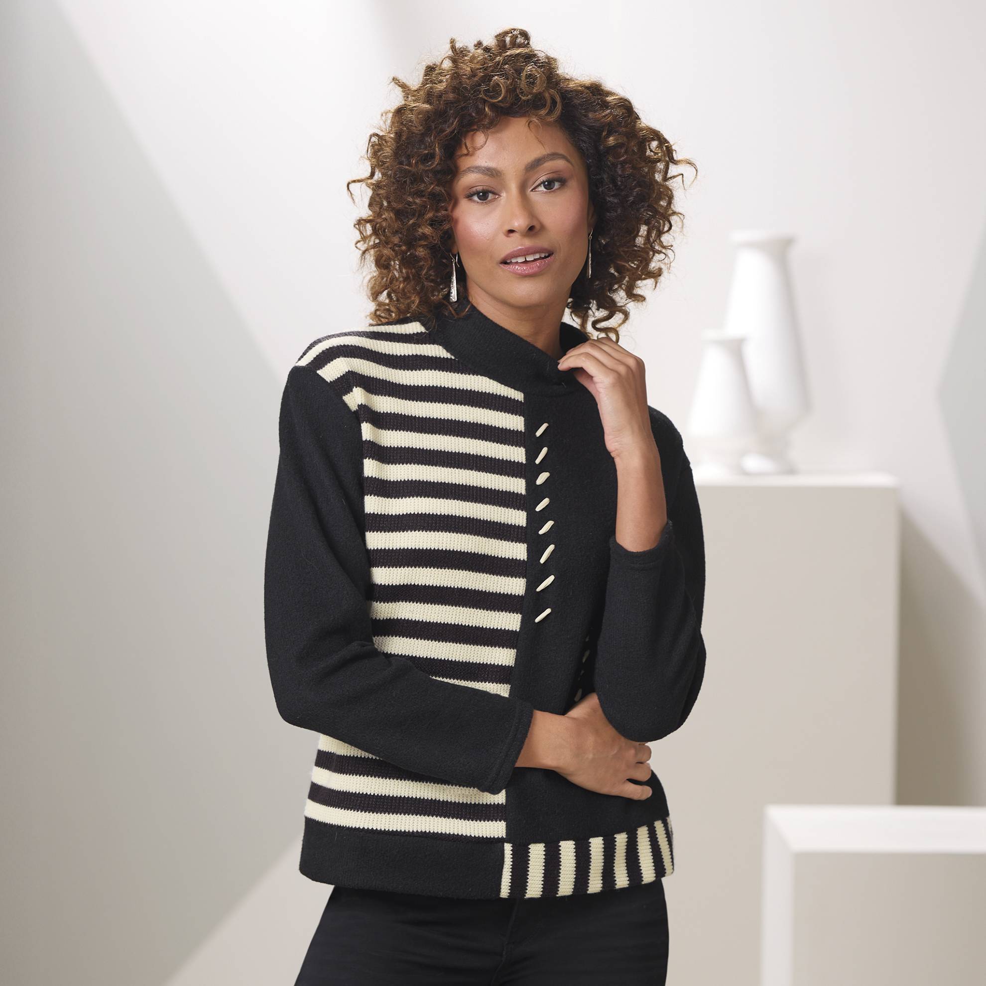 Blocked-Stripe Lightweight Sweater, Mockneck, Brushed Knit - Northstyle Catalog
