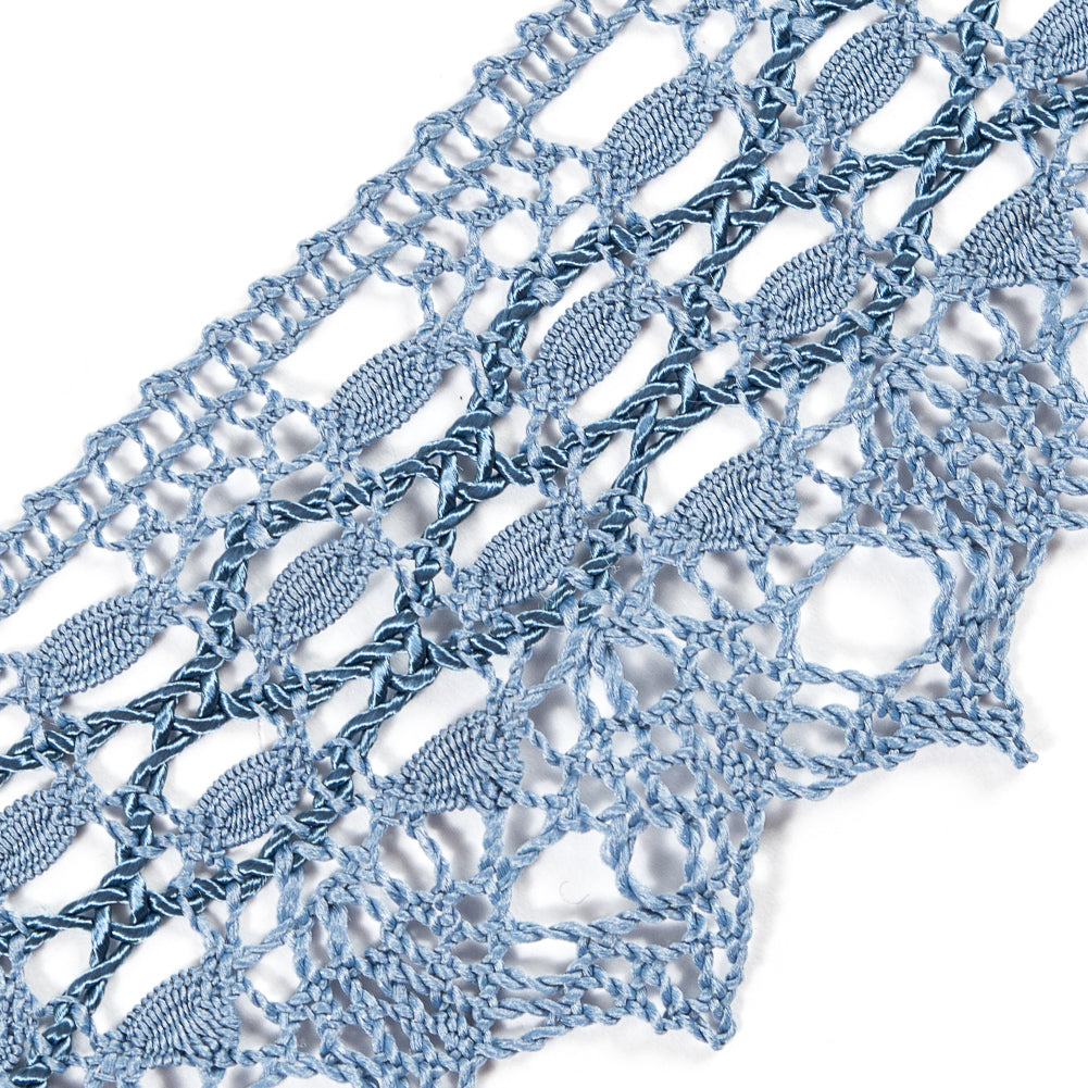 European Light Blue Scalloped Crochet Lace Trim with Satin Ribbon Detail - 2