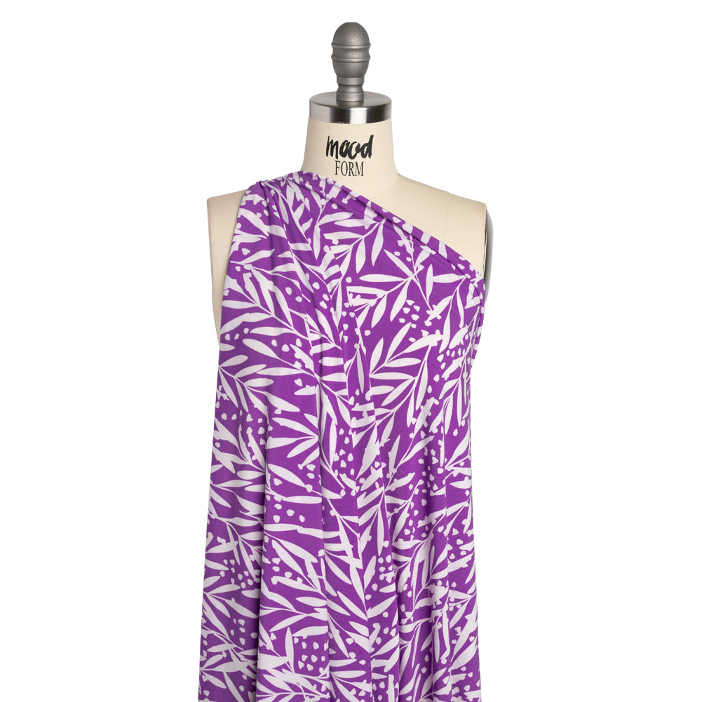 Stretch Polyester Tricot - Purple and Off White Leafy Stems - Designer Deadstock - Joann Fabrics