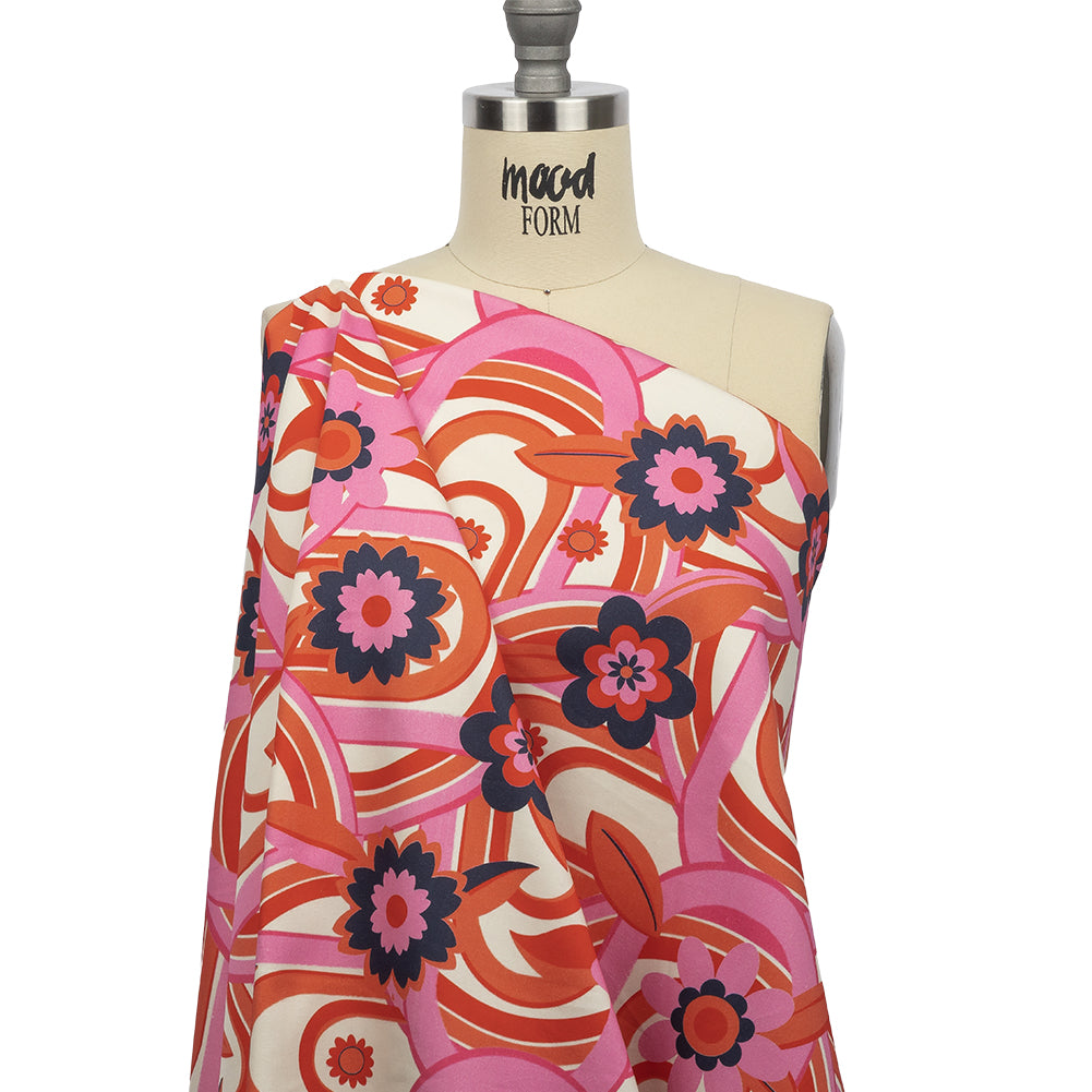 Stretch Cotton Sateen - Pink Winding Lines and Flowers - Bloom the Beat Print - Mood Exclusive Groove Collection - Joann Fabrics