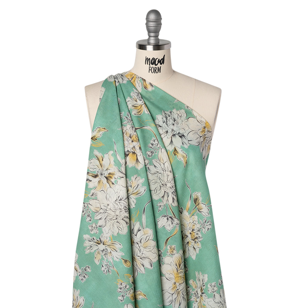 Crinkled Cotton Gauzy Woven - Mint Green, Golden Yellow and Off White Floral - Mood Exclusive Color Me Chrysanthemum Print - Joann Fabrics
