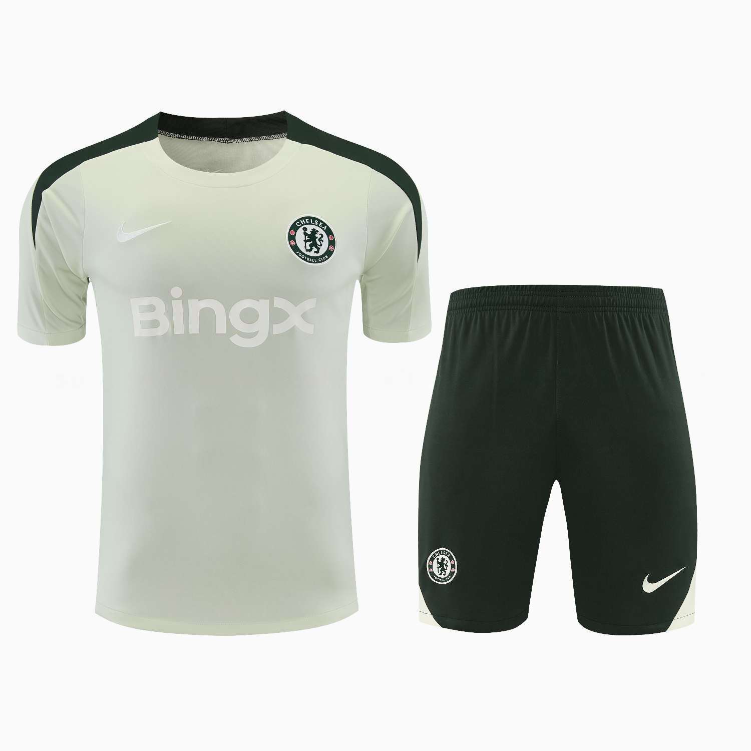 C.H.E.L.S.E.A 25-26 Short-Sleeve Training Set - Light Gray With Dark Green Accents Top & Dark Green Pants - UnitedFutballJersey