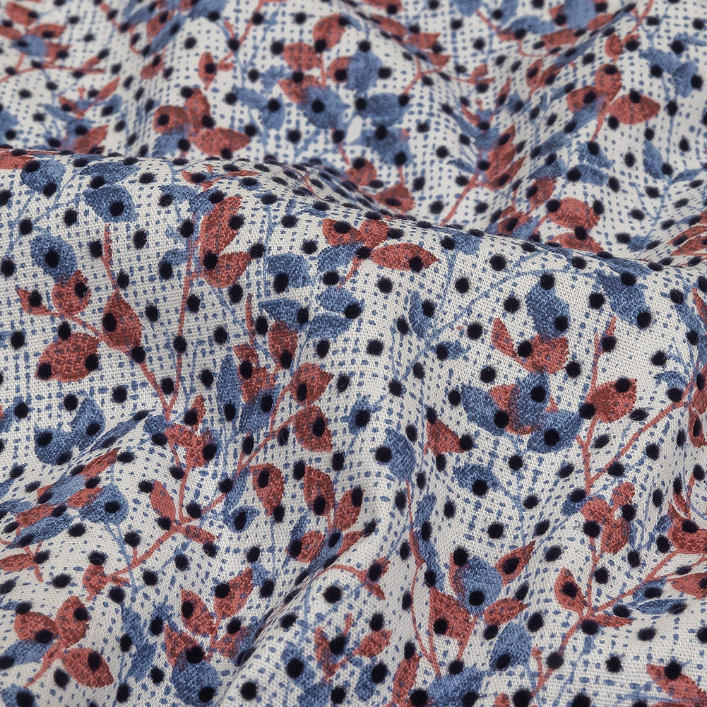 Black Flocked Polka Dots on Red, White and Blue Leaves and Dots Stretch Cotton Shirting - Joann Fabrics