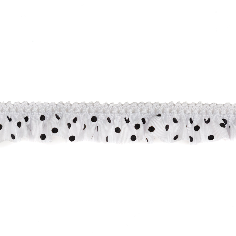 European White and Black Polka Dot Ruffled Stretch Grosgrain .875