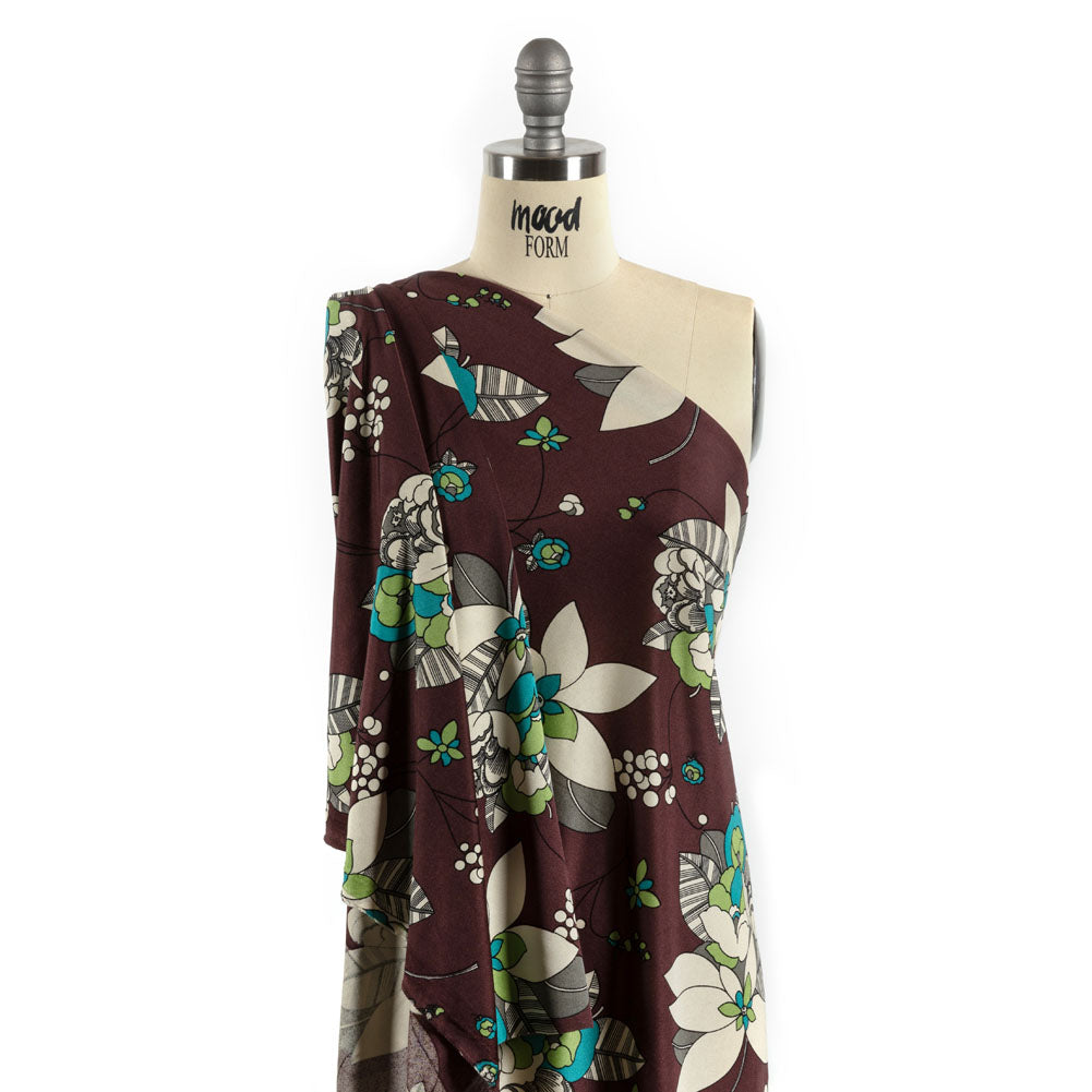 Chocolate, Teal and Cream Floral Silk Jersey - Joann Fabrics