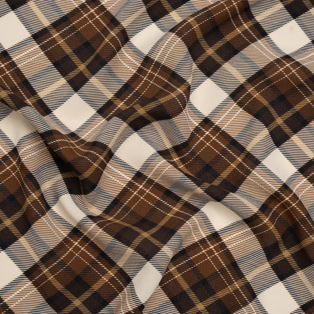 Stretch Polyester Crepe - Brown, Beige and Navy Diagonal Plaid - Designer Deadstock - Joann Fabrics