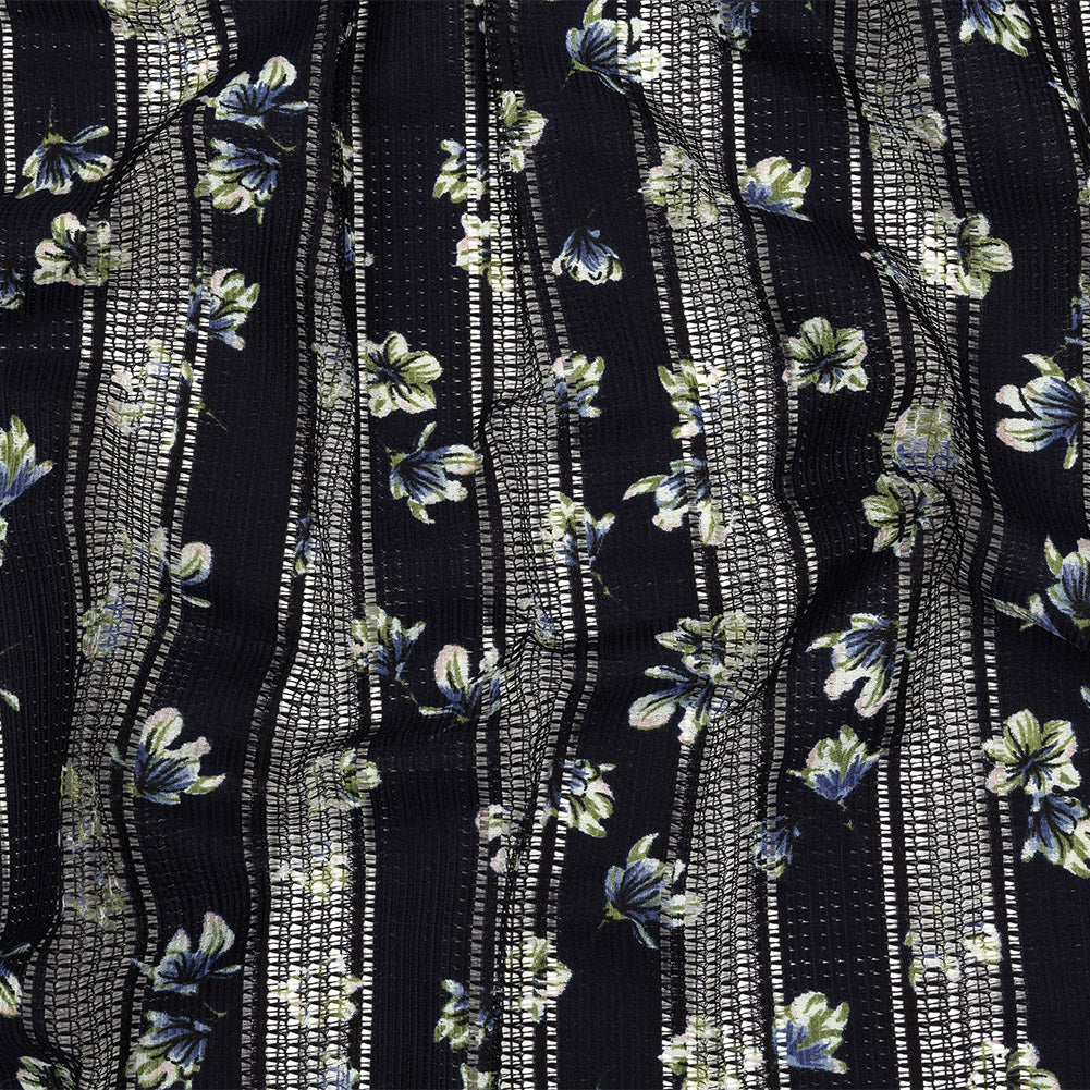Digitally Printed Lace - Navy and Green Floral on Black Grid Stripes - Joann Fabrics