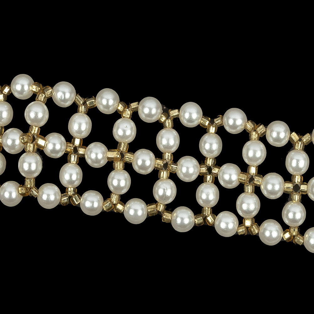 Vintage Gold and Faux Pearl Beaded Latticework Belt With Fringe - 33