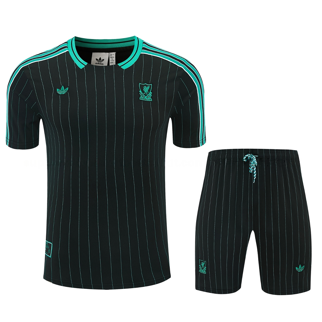 Liver.pool 25-26 Retro Style Short-Sleeve Training Set - Black With Teal Stripes And Accents Top & Pants - UnitedFutballJersey