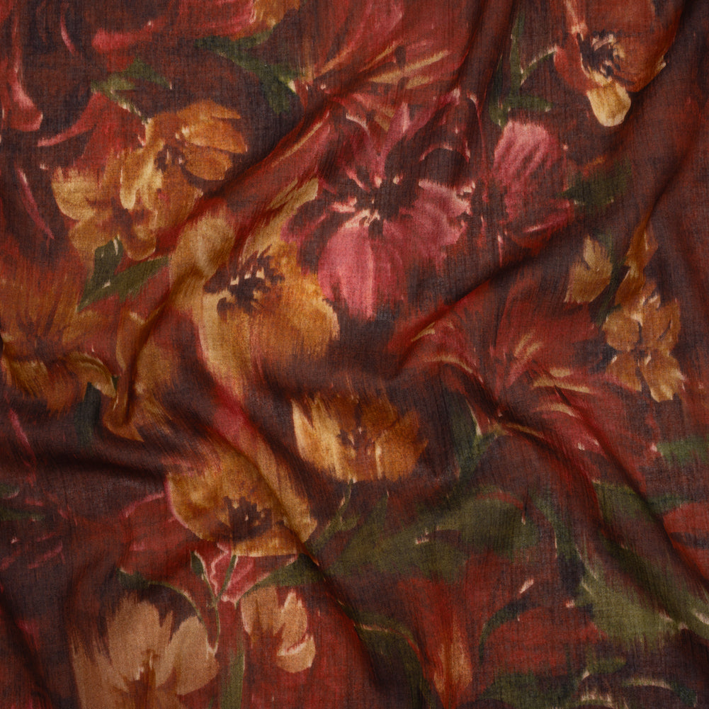 Crinkled Cotton Gauzy Woven - Burgundy, Yellow Ochre and Green Painterly Ikat Floral - Mood Exclusive Cabernet Crocus Print - Joann Fabrics