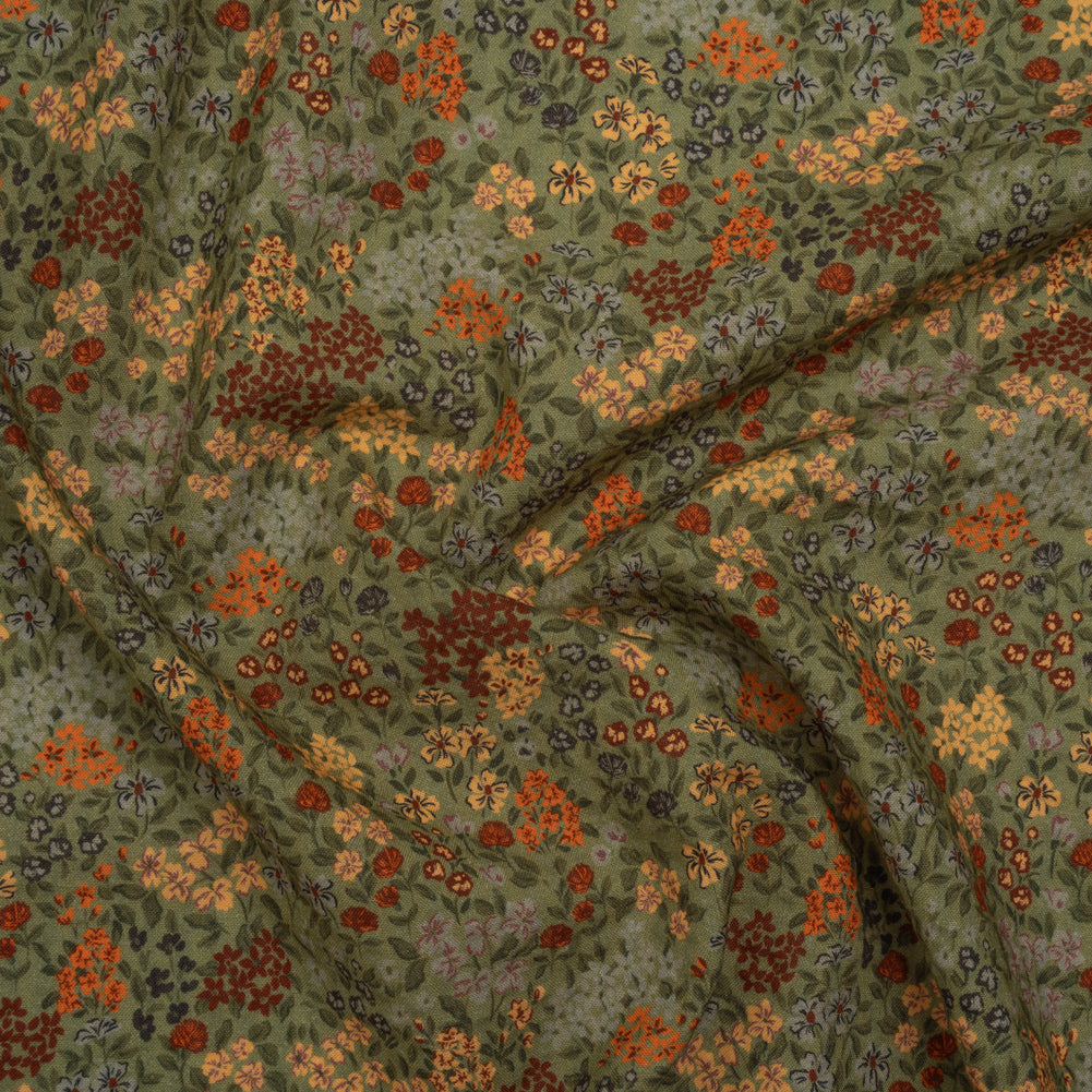 Cotton and Viscose Striped Seersucker - Sage Green, Dark Red and Beige Bunches of Flowers - Mood Exclusive Sunny Sprouts Print - Joann Fabrics