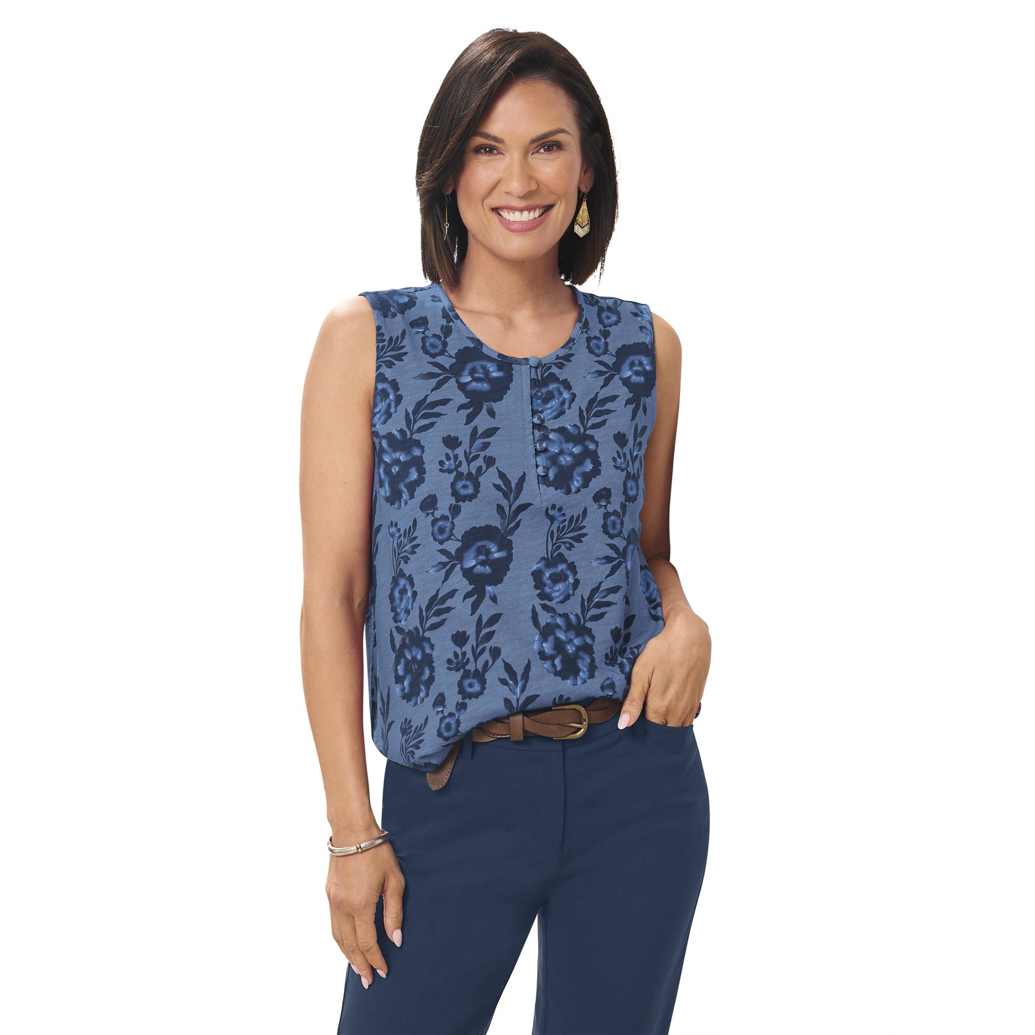 Covered-Button Sleeveless Print Knit Top, Button-Loop Closures - Northstyle Catalog