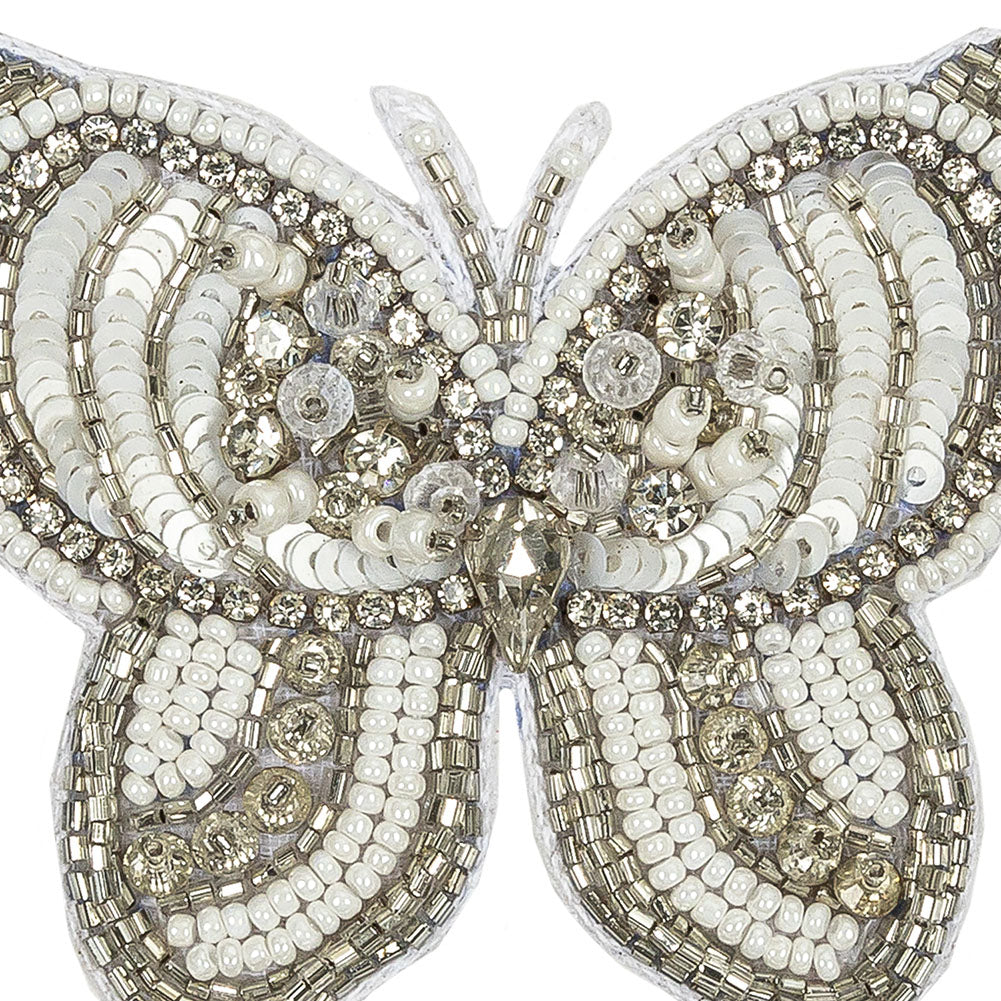Silver and White Butterfly Rhinestone and Glass Beaded Applique - 2.375