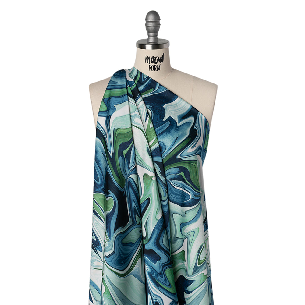 Polyester Satin - Blue, Green and White Marbled Swirls - Mood Exclusive Cascading Current Print - Joann Fabrics