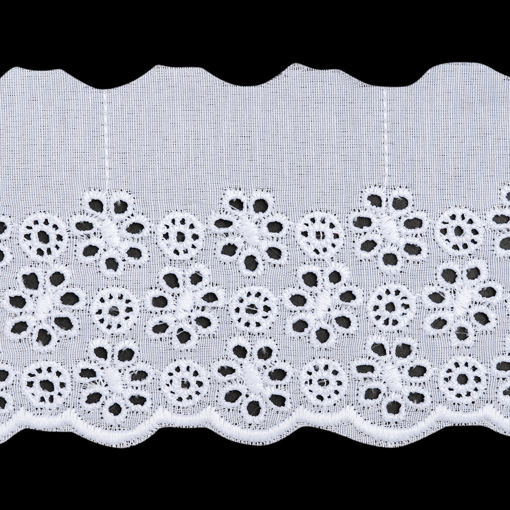 Cotton and Polyester Embroidered Eyelet Lace Trim with One Finished Scalloped Edge - 2.75
