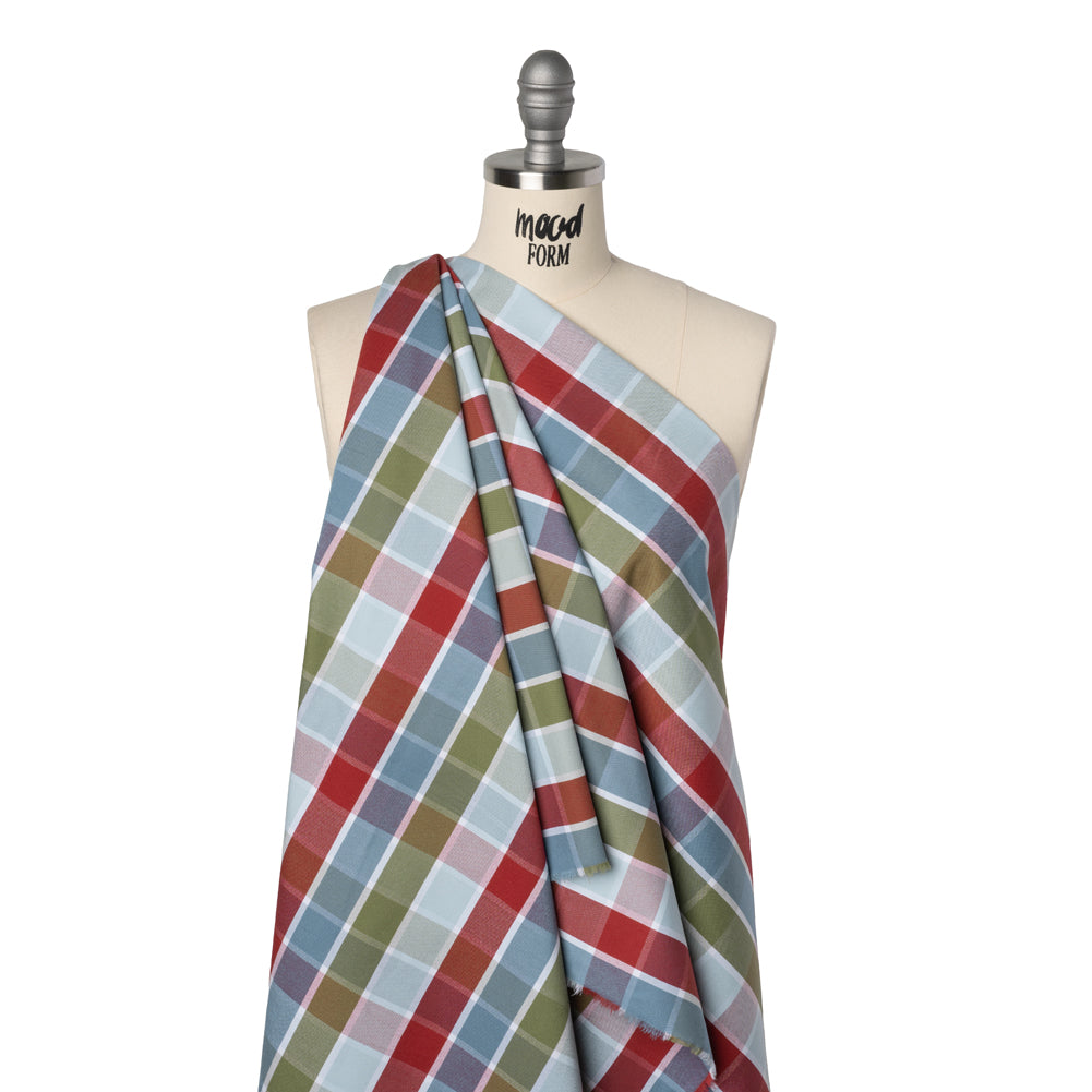 Cotton Oxford Shirting - Country Blue, Red, and Olive Green Plaid - Deadstock - Joann Fabrics