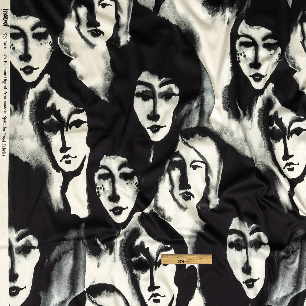 Stretch Cotton Sateen - Black and White Ghostly Faces - Unearthly Portrait Print - Mood Exclusive Twilight Collection - Joann Fabrics