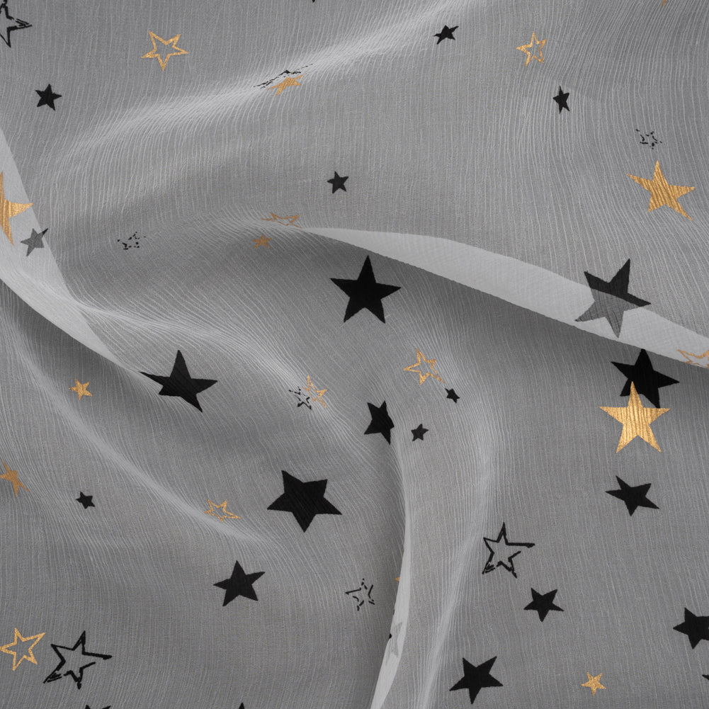 Crinkled Silk Chiffon Print - White, Black and Metallic Gold Stars - Deadstock - Joann Fabrics